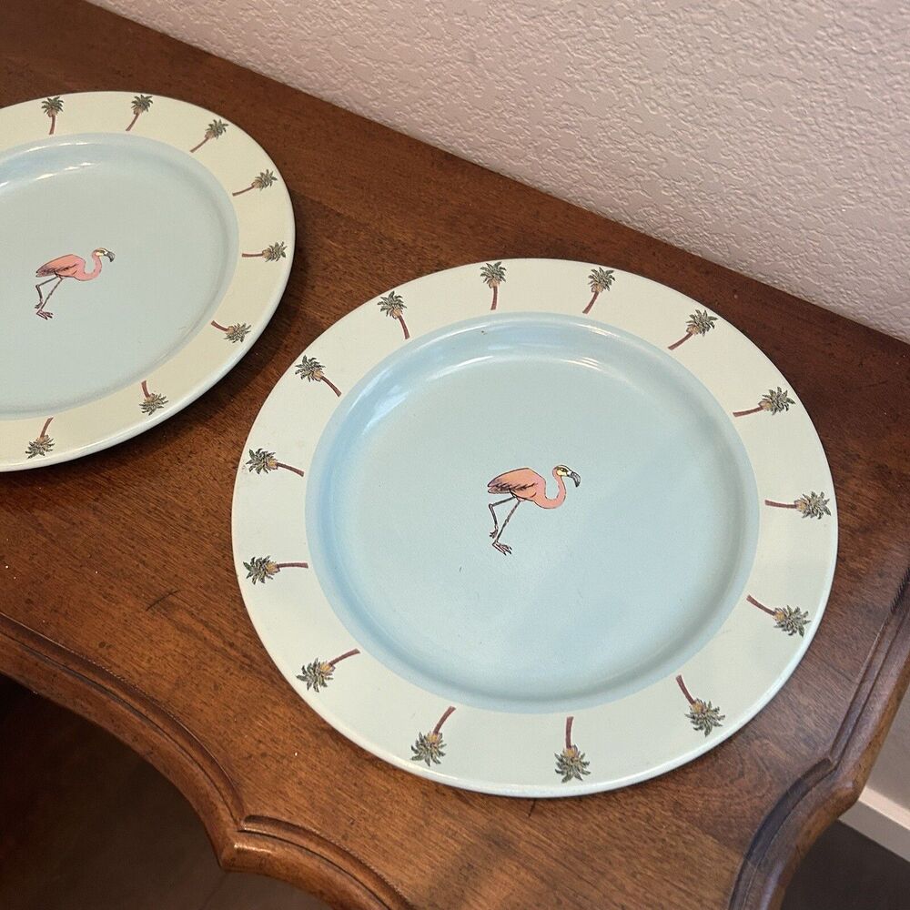 Marble Canyon Enamelware Plate Flamingo Palm Tree Pink Blue Round 10” 3 Pieces